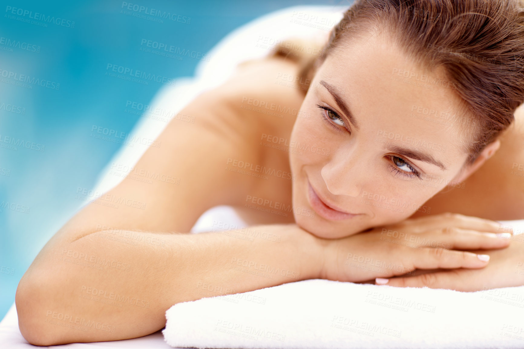 Buy stock photo Relax, thinking and massage table with woman in spa for skincare treatment, wellness and body care. Zen, beauty salon and hospitality with person in hotel resort for lodge, vision and calm therapy