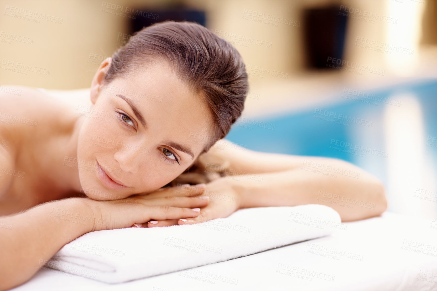 Buy stock photo Relax, spa and thinking with woman at hotel for calm, deep tissue massage and beauty treatment. Holistic detox, hospitality and healing retreat with person at resort for body care and vision