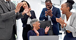 Excited, applause and business people with laptop in office, team or happy for court judgment on web. Clapping, legal attorney and laughing with tech in law firm, success and celebration with group