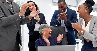 Buy stock photo Excited, applause and business people with laptop in office, team or happy for court judgment on web. Clapping, legal attorney and laughing with tech in law firm, success and celebration with group