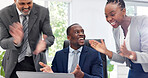 Team, applause and business people with laptop in office, lawyer and happy for court judgment on web. Clapping, legal attorney and excited with tech in law firm, success and celebration with group