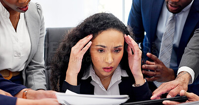 Buy stock photo Team, stress and woman in office for multitasking, workload and pressure for audit deadline. Corporate, business and people with burnout, chaos and headache for mistake, crisis and financial report