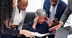 Team, stress and manager in office for multitasking, workload and pressure for audit deadline. Corporate, business and people with burnout, chaos and frustrated for mistake, crisis and overwhelmed