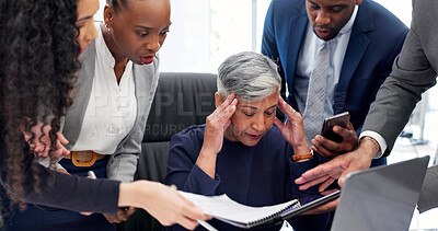 Buy stock photo Team, stress and manager in office for multitasking, workload and pressure for audit deadline. Corporate, business and people with burnout, chaos and frustrated for mistake, crisis and overwhelmed