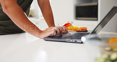 Buy stock photo Laptop, recipe and search with hands in kitchen for meal prep guide, social media and ingredient list. Food blog, cooking tutorial and typing with person in home for streaming and online post