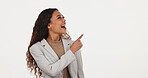 Business, advertising and woman with pointing in studio for job opening, hiring opportunity or news. Excited, HR manager and show mockup space for vacancy offer, info and about us on white background