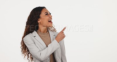 Buy stock photo Business, advertising and woman with pointing in studio for job opening, hiring opportunity or news. Excited, HR manager and show mockup space for vacancy offer, info and about us on white background
