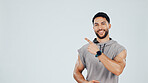 Man, pointing and marketing for fitness, gym membership sign up or info mockup space. Personal trainer, guide or steps to join exercise club with advertising, portrait and ads on studio background