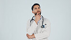 Thinking, doctor and man in studio, healthcare insight or vision on white background with mockup space. Thoughts, medical worker and person planning with idea, problem solving or wellness decision