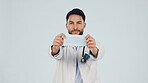 Portrait, man and doctor in studio with face mask, demonstration or medical safety for hygiene. Mockup space, male person or ppe for compliance, healthcare protocol and protection on white background