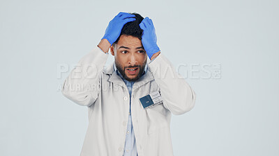 Buy stock photo Stress, man and scientist in studio by space for wrong, crisis or problem with medical research. Frustrated, anxiety and biologist pull hair for mistake on pharmaceutical project by white background.