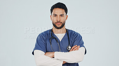 Buy stock photo Pride, portrait or doctor in studio with arms crossed, ambition or about us in medical industry. Healthcare, space or man with confidence, career growth or wellness practitioner on white background.