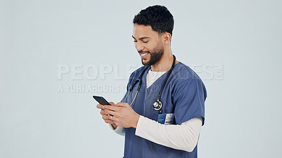 Buy stock photo Happy man, nurse and phone in studio for healthcare report, patient history or insurance records. Mobile, medical worker or person with wellness app, communication or mockup space on white background