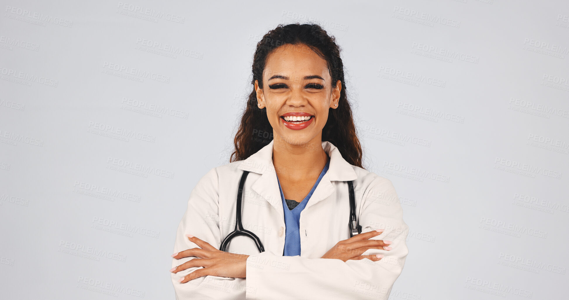 Buy stock photo Crossed arms, woman and portrait of doctor in studio, confidence and career in medical service. Happy, space and female healthcare worker with pride with hospital, about us and white background.