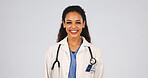 Happy, woman and portrait of doctor in studio with confidence for career in medical service. Smile, professional and healthcare worker with pride with hospital about us by white background with space