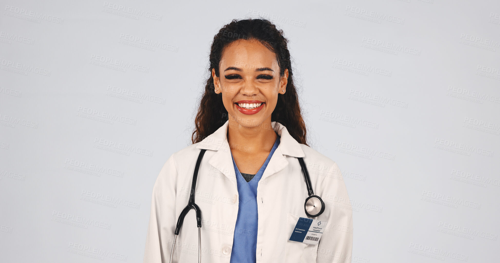 Buy stock photo Happy, woman and portrait of doctor in studio with confidence for career in medical service. Smile, professional and healthcare worker with pride, hospital about us and white background with space