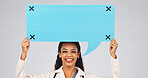 Doctor, woman or happy with speech bubble in studio for proactive health, clinical advice or FAQ. Mockup space, professional and poster portrait on white background for medical info, opinion or voice