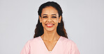 Smile, portrait or nurse in studio with pride, ambition and about us in medical industry. Healthcare, happy woman or doctor with confidence, career growth or wellness practitioner on white background