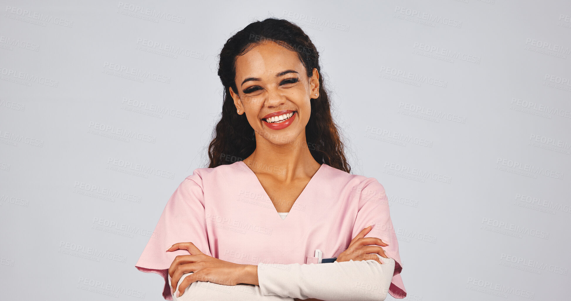 Buy stock photo Medical, portrait or doctor in studio with arms crossed, ambition and about us in wellness industry. Happy, space or woman with confidence, career growth or health practitioner on white background.