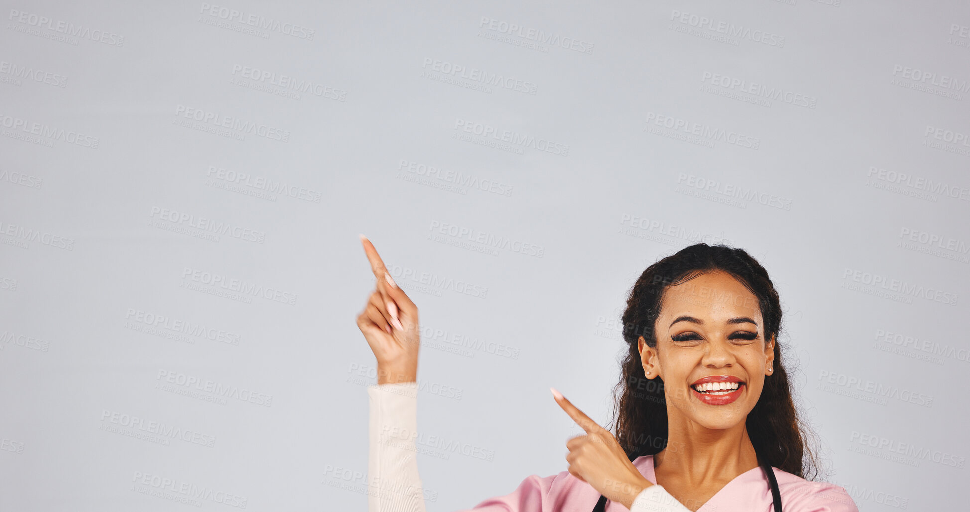 Buy stock photo Medical, pointing or nurse with portrait, treatment list or reminder in healthcare information. Mockup space, doctor or woman with instruction, recovery plan and wellness steps on studio background.