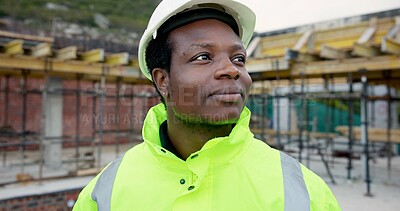 Buy stock photo Thinking, black man and construction worker on site with planning, decision or ideas for renovation. Smile, scaffolding and male civil engineer with choice for building, repairs or maintenance.