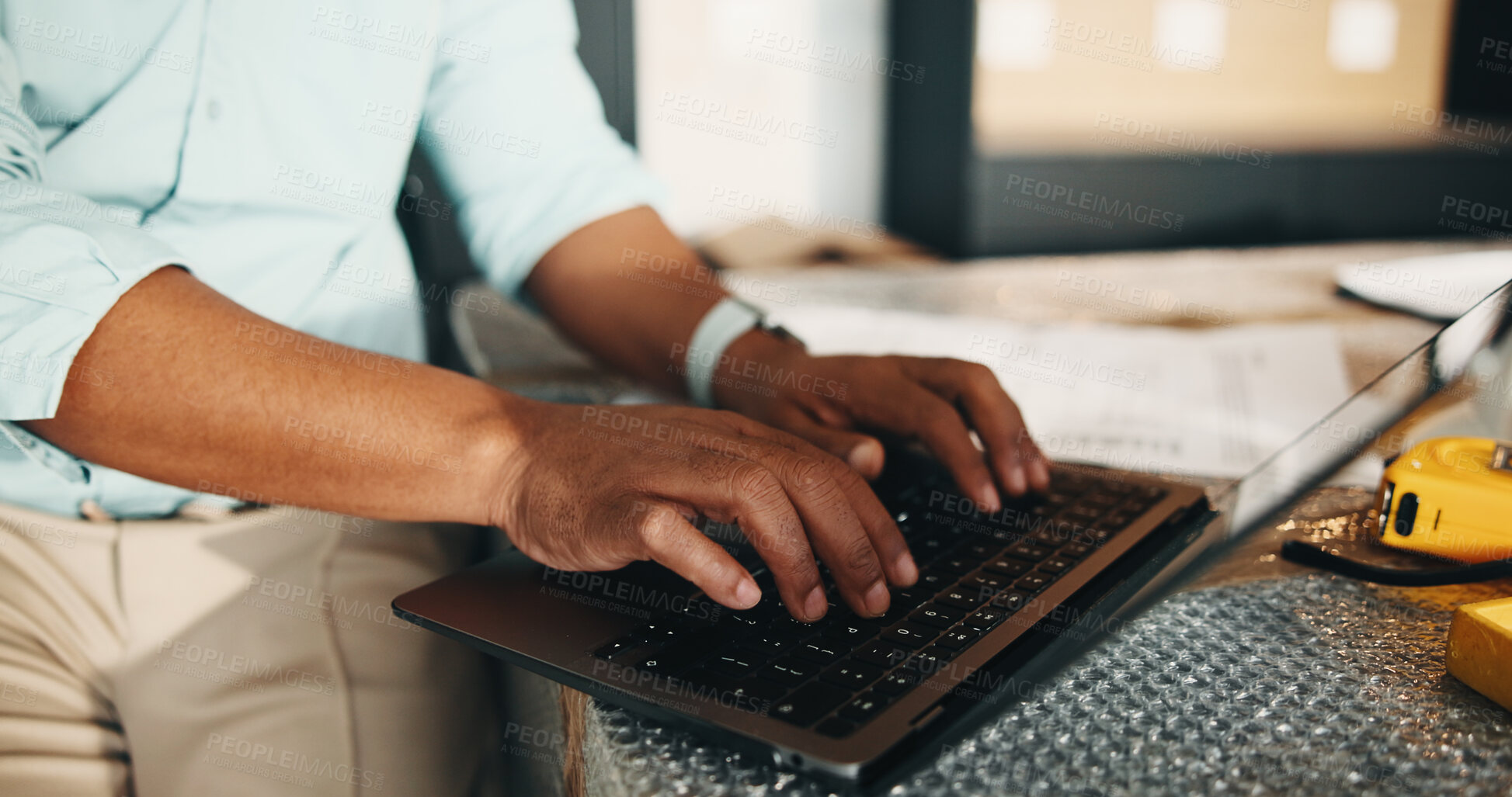 Buy stock photo Construction, keyboard or hands in home with laptop, progress monitor or quality control in remodeling. Building, man or developer with tech, renovation report or operations track in project feedback