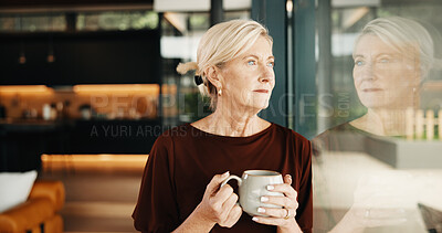 Buy stock photo Coffee, reflection and window with senior woman in home for memories, nostalgia or wonder. Drink, thinking and view with old person in apartment living room for break, contemplation or mindfulness