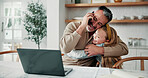 Phone call, hug and father with child in home with remote work for creative project with good news. Laptop, happy and mature dad embracing girl on mobile discussion for feedback on freelance article.