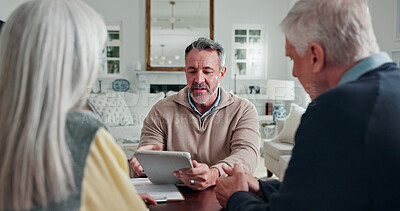 Buy stock photo Financial advisor, tablet or senior couple in home, insurance benefits or annuity planning. Man, woman and consulting with tech for pension fund, retirement investment or help with asset management