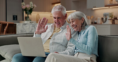 Buy stock photo Senior, wave and happy couple with laptop for video call, conversation or online connection in home. Elderly, man or woman with smile, hello or computer on sofa for talk, greeting or virtual chat