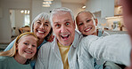 Family, grandparents or portrait with children in home for bonding, memory or capture moment together. Grandpa, grandma or grandkids with smile for picture, photography or social media post in house