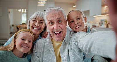 Buy stock photo Family, grandparents or portrait with children for selfie, bonding memory or capture moment in home. Grandpa, grandma or grandkids with smile for picture, photography or social media post in house