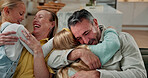 Parents, hug or happy family with children in home for bonding, playful weekend or holiday together. Mom, dad or kids playing with smile or embrace on couch for love, support or childhood in house