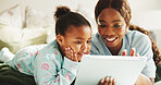 Relax, tablet or black family on bed with streaming, cartoon series or bonding with movie entertainment. Smile, mom or child in house with tech, film subscription or loving connection with kids show.
