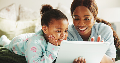 Buy stock photo Relax, tablet or black family on bed with streaming, cartoon series or bonding with movie entertainment. Smile, mom or child in house with tech, film subscription or loving connection with kids show.