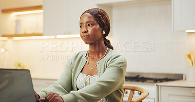 Buy stock photo Thinking, remote work and black woman with laptop in kitchen, ebook inspiration or story idea. Computer, freelance author and person with thoughts in home for article, planning draft and publication