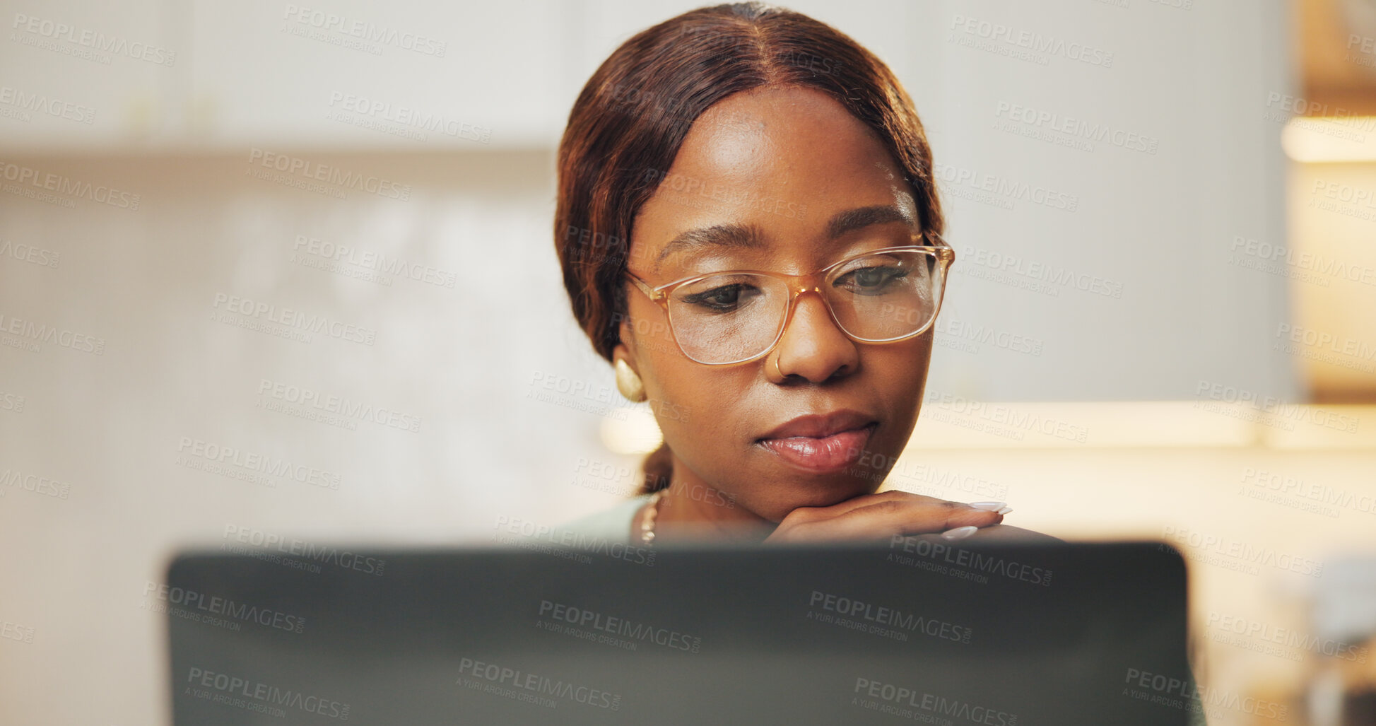 Buy stock photo WFH, thinking or black woman in house with laptop, research or planning of marketing pitch. Remote work, reading or creative advisor with tech, advertisement insight or proposal on brand campaign