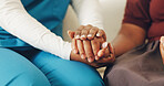 Comforting, nurse and people in home with holding hands, understanding and empathy in medical checkup. Compassion, patient and caregiver with security, support and trust in health consultation.