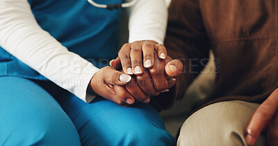 Buy stock photo Comforting, nurse and holding hands with people, understanding and empathy in medical checkup. Compassion, patient and caregiver with security, homecare support and trust in health consultation