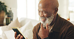 Senior, man and smile in house with photo frame, remember good memories and thinking of past history. Happy, black person and retirement in home with picture, nostalgia and thoughtful with souvenir.