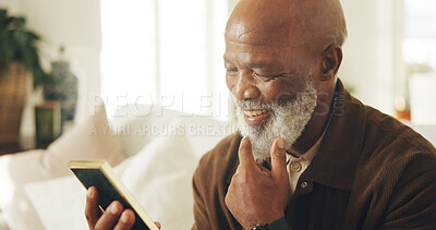 Buy stock photo Senior, man and smile in house with photo frame, remember good memories and thinking of past history. Happy, black person and retirement in home with picture, nostalgia and thoughtful with souvenir