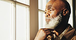 Thinking, serious or old man in house with nostalgia, wondering mindset or contemplating on past memory. Perspective, window or black person with flashback, questioning or reflection in retirement.