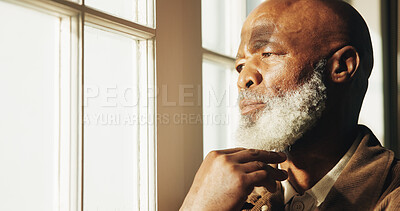 Buy stock photo Thinking, serious or old man in house with nostalgia, wondering mindset or contemplating on past memory. Perspective, window or black person with flashback, questioning or reflection in retirement.