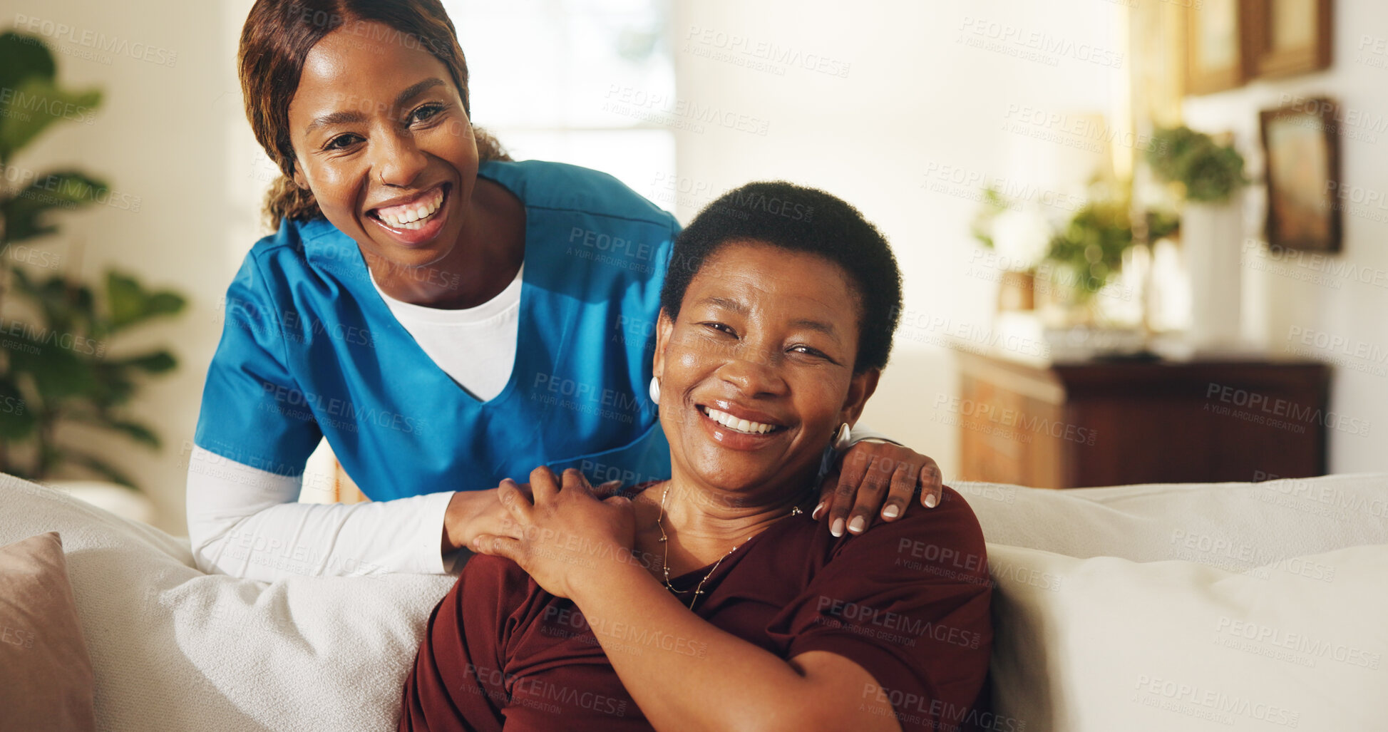 Buy stock photo Portrait, caregiver and mature woman in home with smile, assistance and medical support for wellness. Happy, black people and nurse in living room with patient, healthcare and trust for consultation