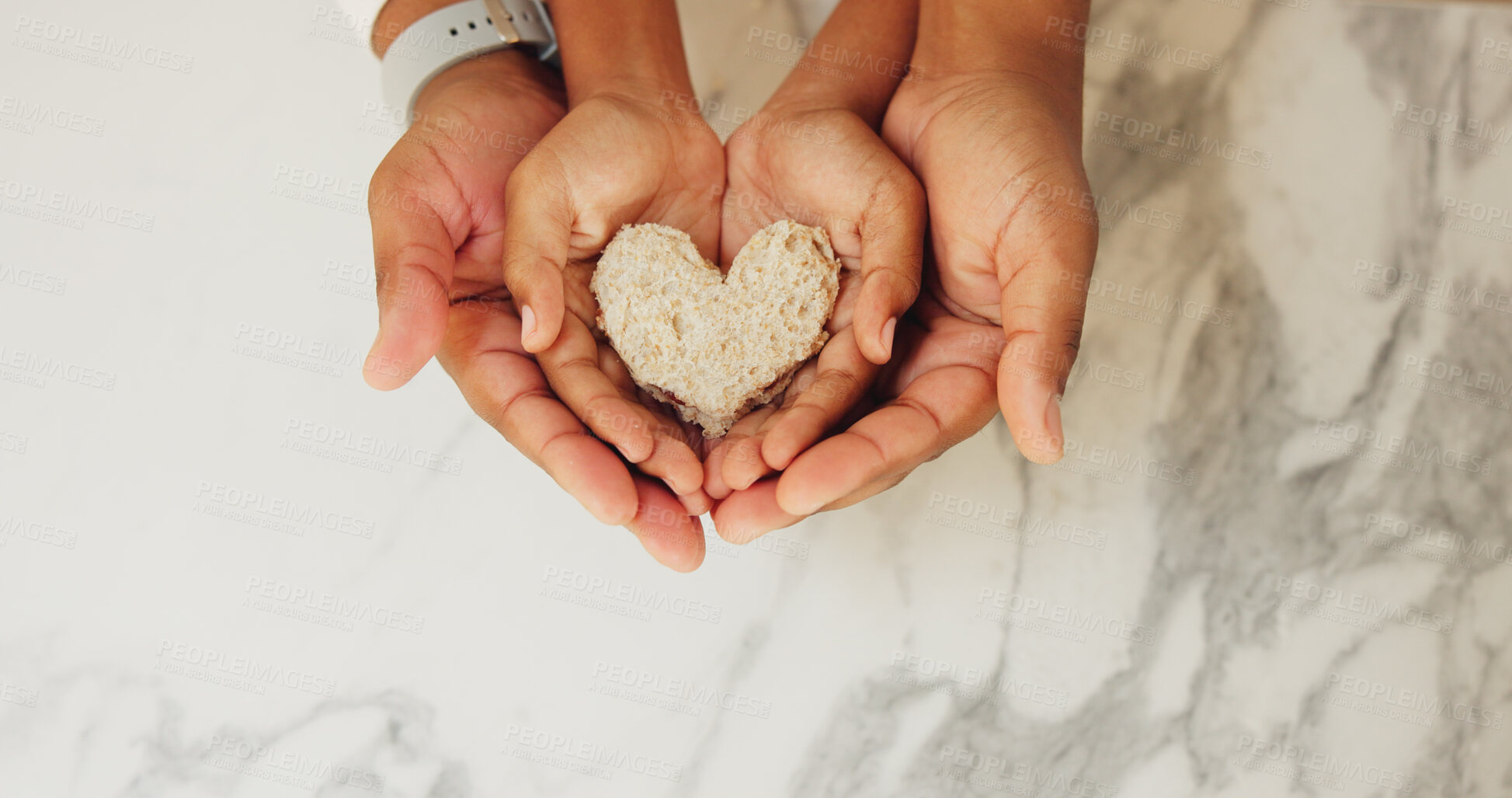 Buy stock photo Hands, family and child with heart for sandwich, symbol and support with nutrition and wellness. Parent, people and kid with bread, food and above with love for snack or bonding in home kitchen