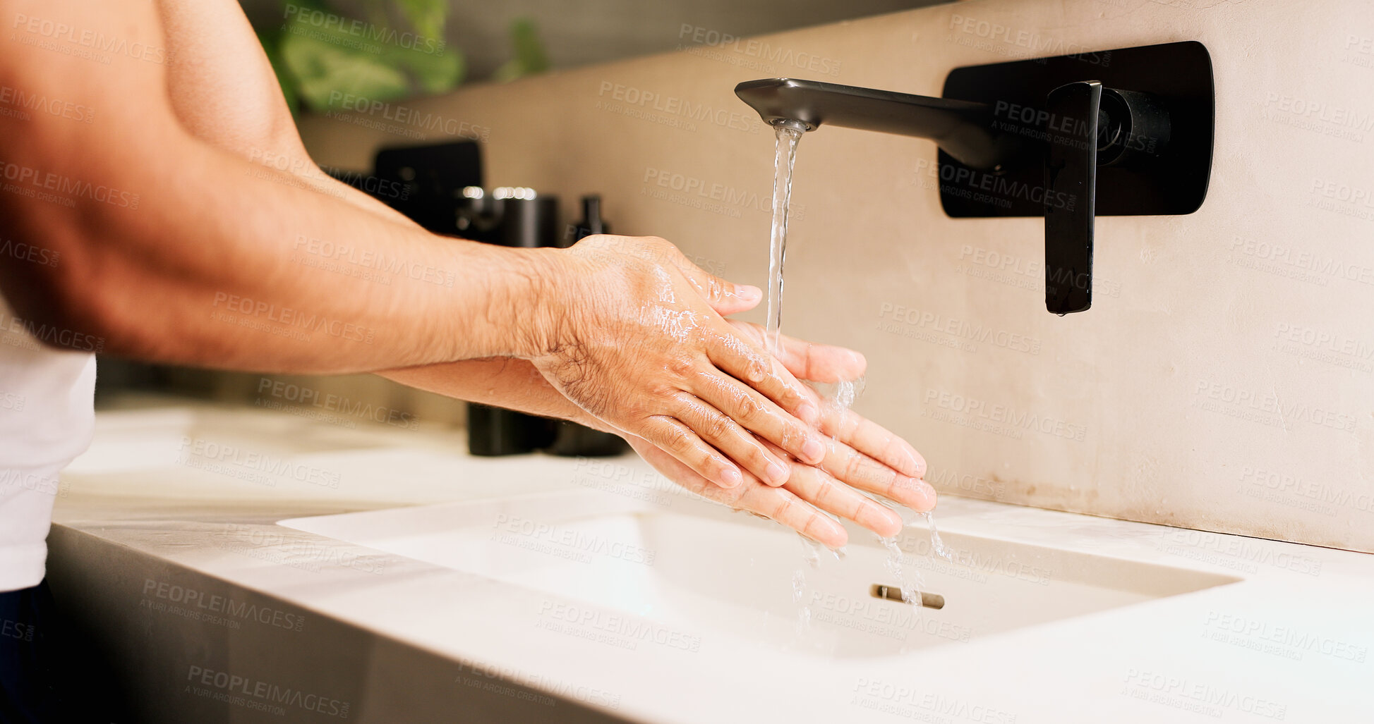 Buy stock photo Basin, washing hands and water with person in bathroom for hygiene, skincare or wellness. Cleaning, disinfection and tap with man at apartment sink to remove bacteria, dirt or germs for maintenance
