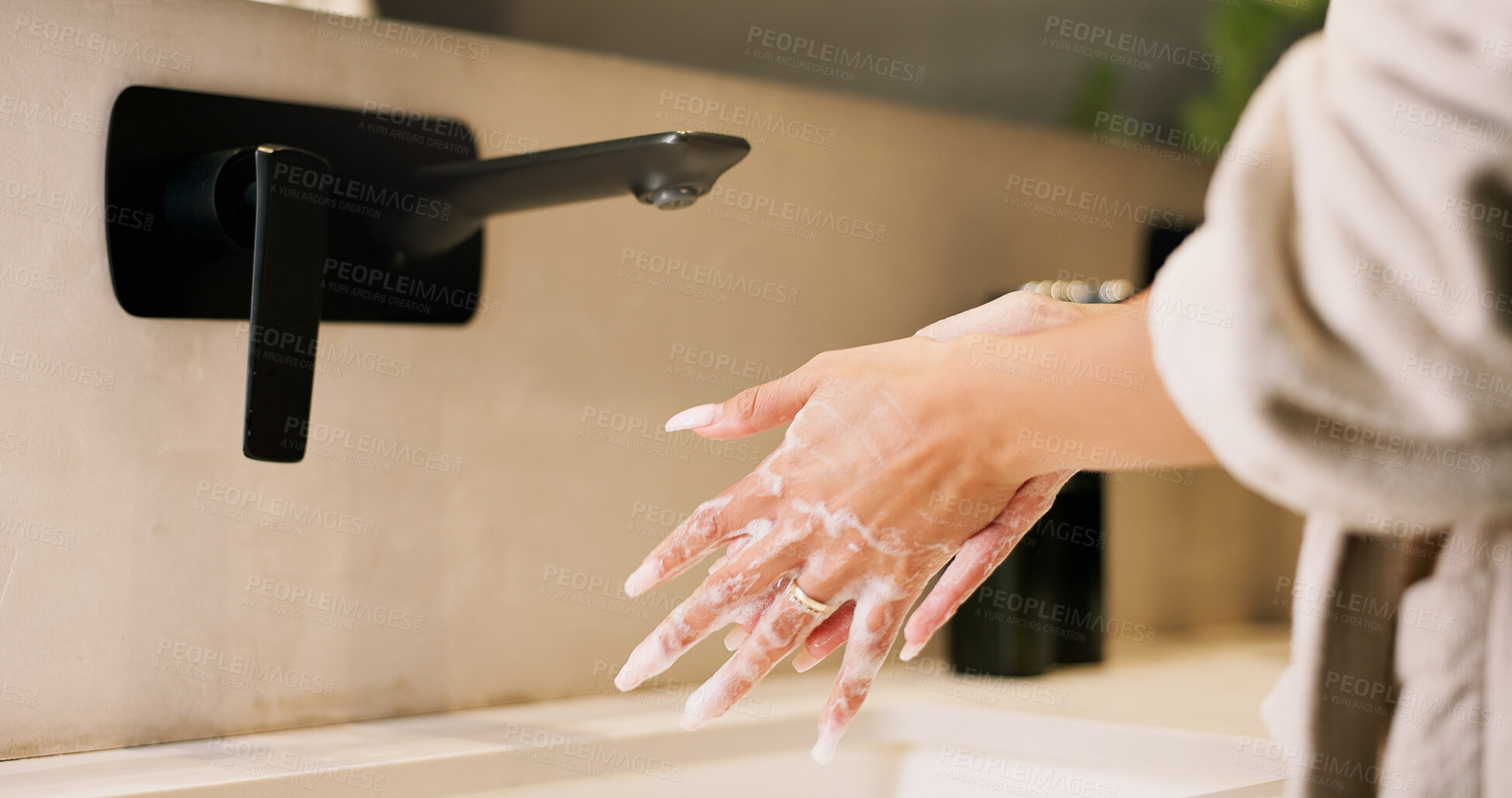 Buy stock photo Basin, foam and washing hands with woman in bathroom for hygiene, skincare or wellness. Cleaning, disinfection and soap with person at apartment sink to remove bacteria, dirt or germs for maintenance