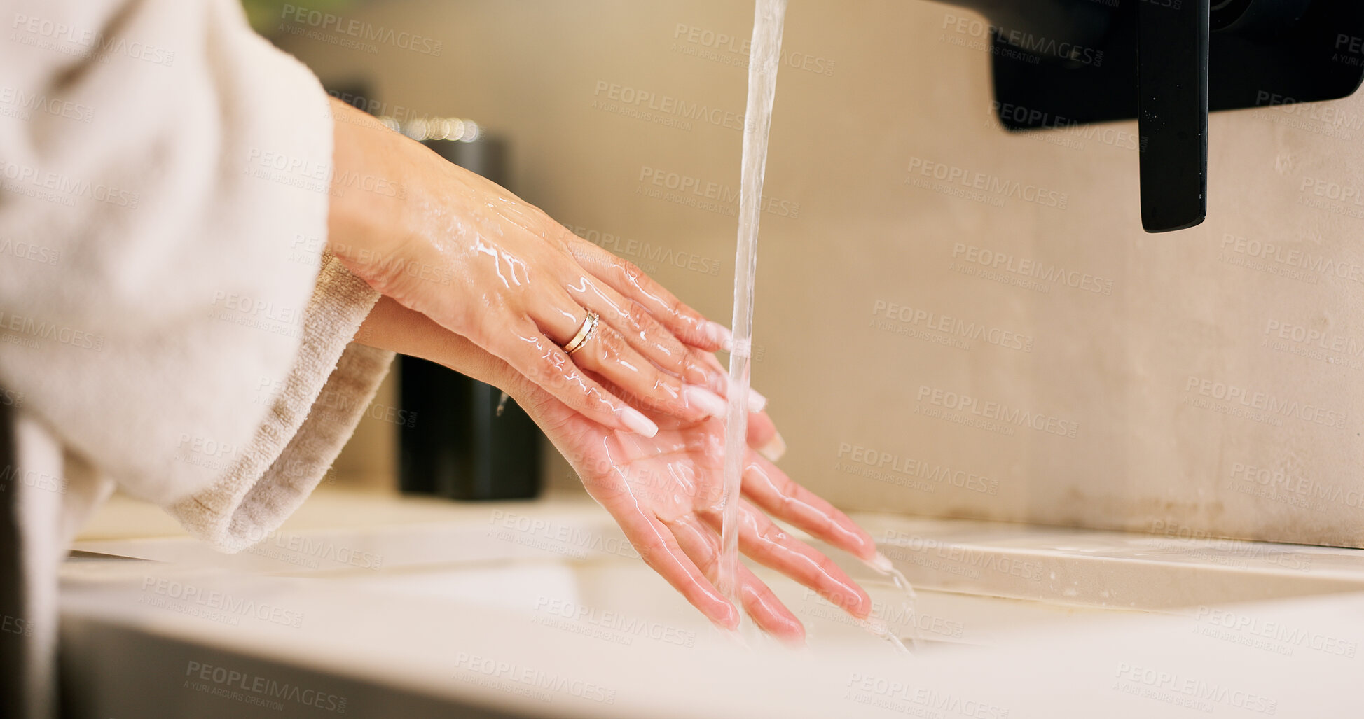 Buy stock photo Basin, washing hands and water with woman in bathroom for hygiene, skincare or wellness. Cleaning, disinfection and wet with person at apartment sink to remove bacteria, dirt or germs for maintenance