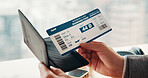 Travel, ticket and hands of businessman in airport with flight info for international convention. Closeup, lounge and person with boarding pass, luggage and paper for journey, departure and work trip