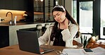 Woman, neck pain and remote work from home with laptop, frustrated and stress with fibromyalgia for proposal. Person, virtual assistant and computer with burnout, exhausted and joint ache at house